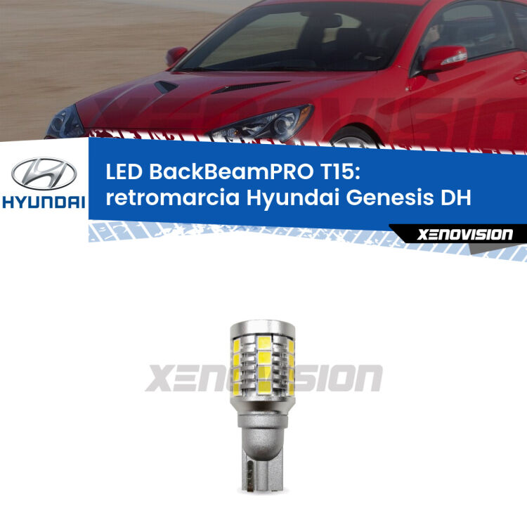 <strong>Luce retromarcia LED per Hyundai Genesis</strong> DH 2014 in poi. Lampadina <b>T15</b> esageratamente spinta: 15W di potenza, 20 volte più luce delle originali.