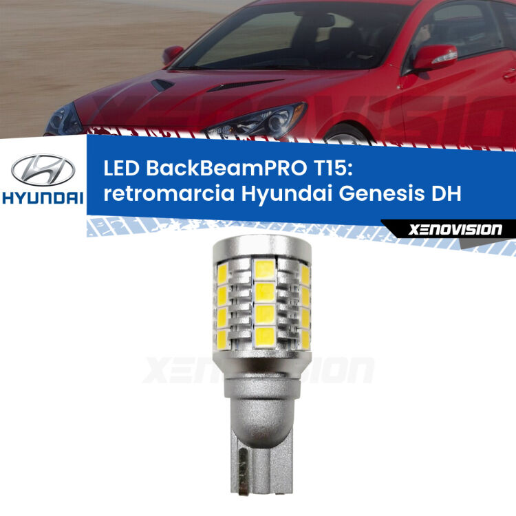 0 Retromarcia LED T15 BackBeamPRO per Hyundai Genesis DH 2014 in poi <strong>Luce retromarcia LED per Hyundai Genesis</strong> DH 2014 in poi. Una lampadina <b>T15</b> esageratamente spinta: 15W di potenza, 20 volte più luce delle originali.