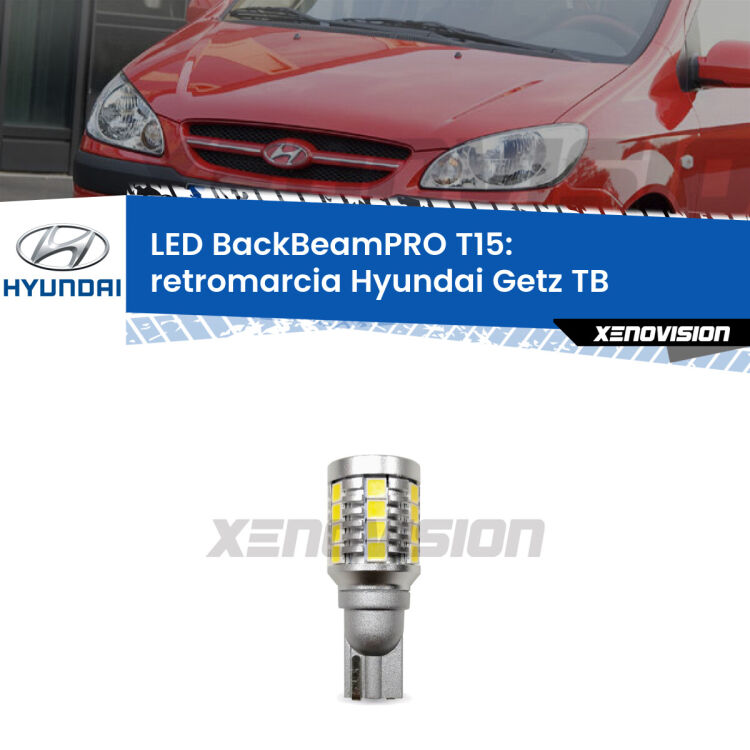 <strong>Luce retromarcia LED per Hyundai Getz</strong> TB 2002 - 2009. Lampadina <b>T15</b> esageratamente spinta: 15W di potenza, 20 volte più luce delle originali.