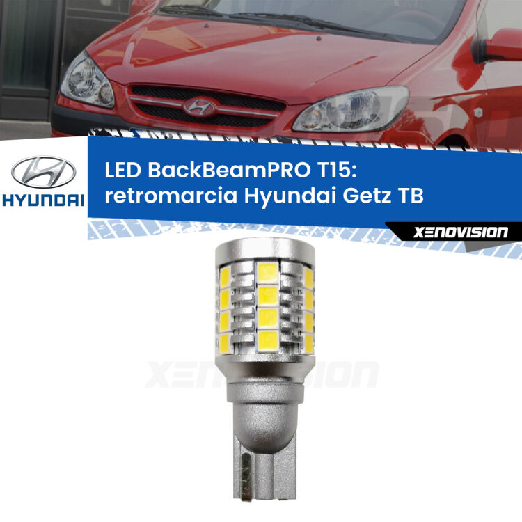 0 Retromarcia LED T15 BackBeamPRO per Hyundai Getz TB 2002 - 2009 <strong>Luce retromarcia LED per Hyundai Getz</strong> TB 2002 - 2009. Una lampadina <b>T15</b> esageratamente spinta: 15W di potenza, 20 volte più luce delle originali.