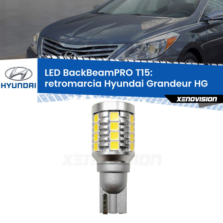 0 Retromarcia LED T15 BackBeamPRO per Hyundai Grandeur HG 2011 - 2016 <strong>Luce retromarcia LED per Hyundai Grandeur</strong> HG 2011 - 2016. Una lampadina <b>T15</b> esageratamente spinta: 15W di potenza, 20 volte più luce delle originali.