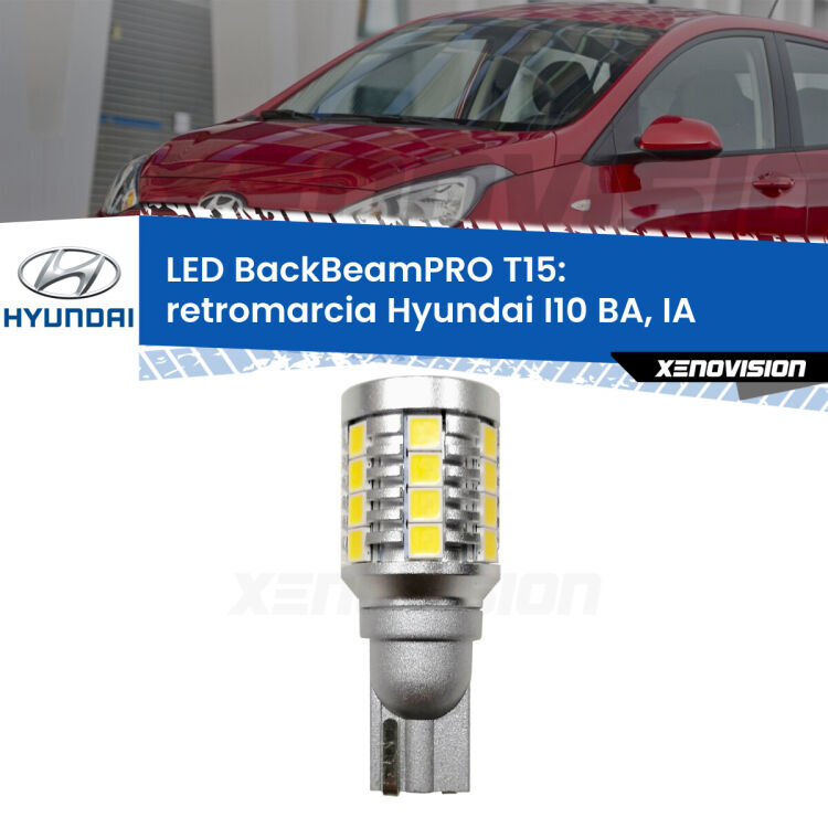 0 Retromarcia LED T15 BackBeamPRO per Hyundai I10 BA, IA 2013 - 2016 <strong>Luce retromarcia LED per Hyundai I10</strong> BA, IA 2013 - 2016. Una lampadina <b>T15</b> esageratamente spinta: 15W di potenza, 20 volte più luce delle originali.