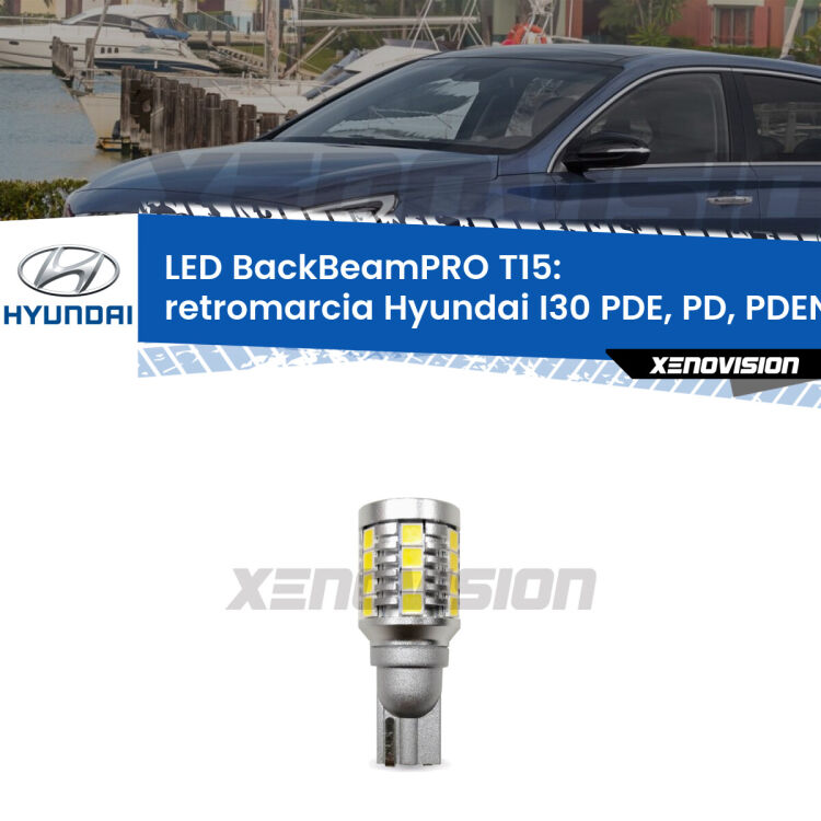 <strong>Luce retromarcia LED per Hyundai I30</strong> PDE, PD, PDEN 2016 in poi. Lampadina <b>T15</b> esageratamente spinta: 15W di potenza, 20 volte più luce delle originali.