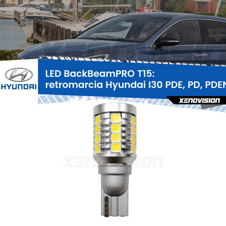 0 Retromarcia LED T15 BackBeamPRO per Hyundai I30 PDE, PD, PDEN 2016 in poi <strong>Luce retromarcia LED per Hyundai I30</strong> PDE, PD, PDEN 2016 in poi. Una lampadina <b>T15</b> esageratamente spinta: 15W di potenza, 20 volte più luce delle originali.