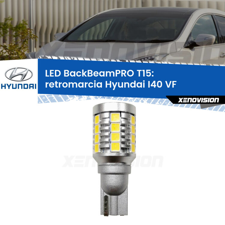 0 Retromarcia LED T15 BackBeamPRO per Hyundai I40 VF 2012 in poi <strong>Luce retromarcia LED per Hyundai I40</strong> VF 2012 in poi. Una lampadina <b>T15</b> esageratamente spinta: 15W di potenza, 20 volte più luce delle originali.