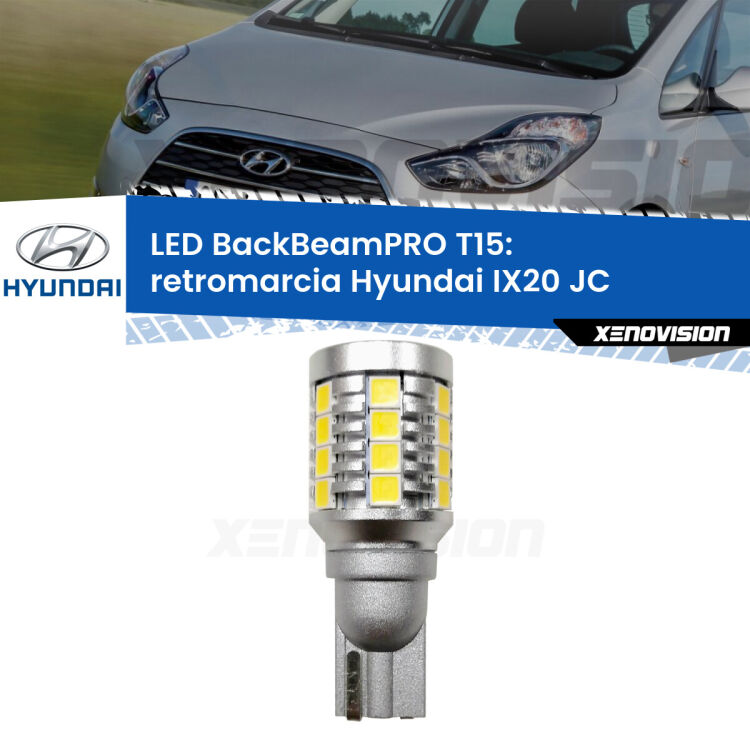 0 Retromarcia LED T15 BackBeamPRO per Hyundai IX20 JC 2010 in poi <strong>Luce retromarcia LED per Hyundai IX20</strong> JC 2010 in poi. Una lampadina <b>T15</b> esageratamente spinta: 15W di potenza, 20 volte più luce delle originali.