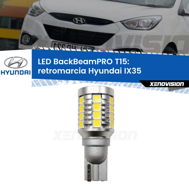 0 Retromarcia LED T15 BackBeamPRO per Hyundai IX35  2009 - 2015 <strong>Luce retromarcia LED per Hyundai IX35</strong>  2009 - 2015. Una lampadina <b>T15</b> esageratamente spinta: 15W di potenza, 20 volte più luce delle originali.