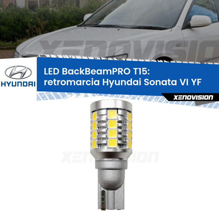 0 Retromarcia LED T15 BackBeamPRO per Hyundai Sonata VI YF 2009 - 2015 <strong>Luce retromarcia LED per Hyundai Sonata VI</strong> YF 2009 - 2015. Una lampadina <b>T15</b> esageratamente spinta: 15W di potenza, 20 volte più luce delle originali.