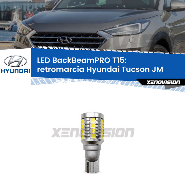 <strong>Luce retromarcia LED per Hyundai Tucson</strong> JM 2004 - 2015. Lampadina <b>T15</b> esageratamente spinta: 15W di potenza, 20 volte più luce delle originali.