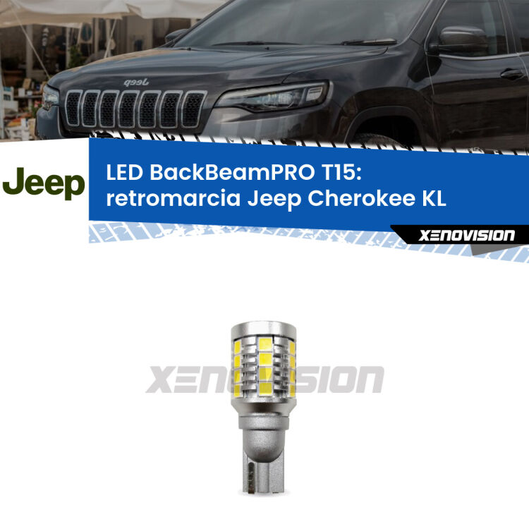 <strong>Luce retromarcia LED per Jeep Cherokee</strong> KL 2014 in poi. Lampadina <b>T15</b> esageratamente spinta: 15W di potenza, 20 volte più luce delle originali.