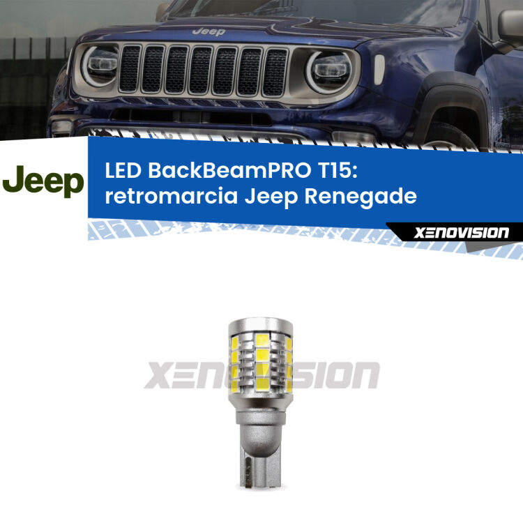 <strong>Luce retromarcia LED per Jeep Renegade</strong>  2014 in poi. Lampadina <b>T15</b> esageratamente spinta: 15W di potenza, 20 volte più luce delle originali.