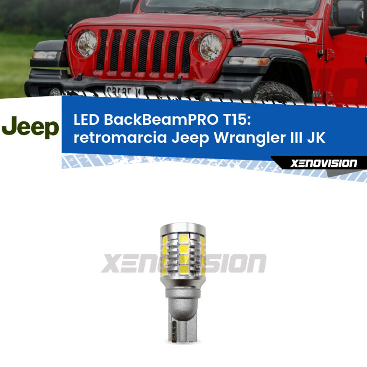 <strong>Luce retromarcia LED per Jeep Wrangler III</strong> JK 2006 - 2016. Lampadina <b>T15</b> esageratamente spinta: 15W di potenza, 20 volte più luce delle originali.
