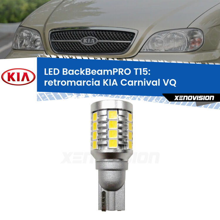 0 Retromarcia LED T15 BackBeamPRO per KIA Carnival VQ 2005 - 2013 <strong>Luce retromarcia LED per KIA Carnival</strong> VQ 2005 - 2013. Una lampadina <b>T15</b> esageratamente spinta: 15W di potenza, 20 volte più luce delle originali.