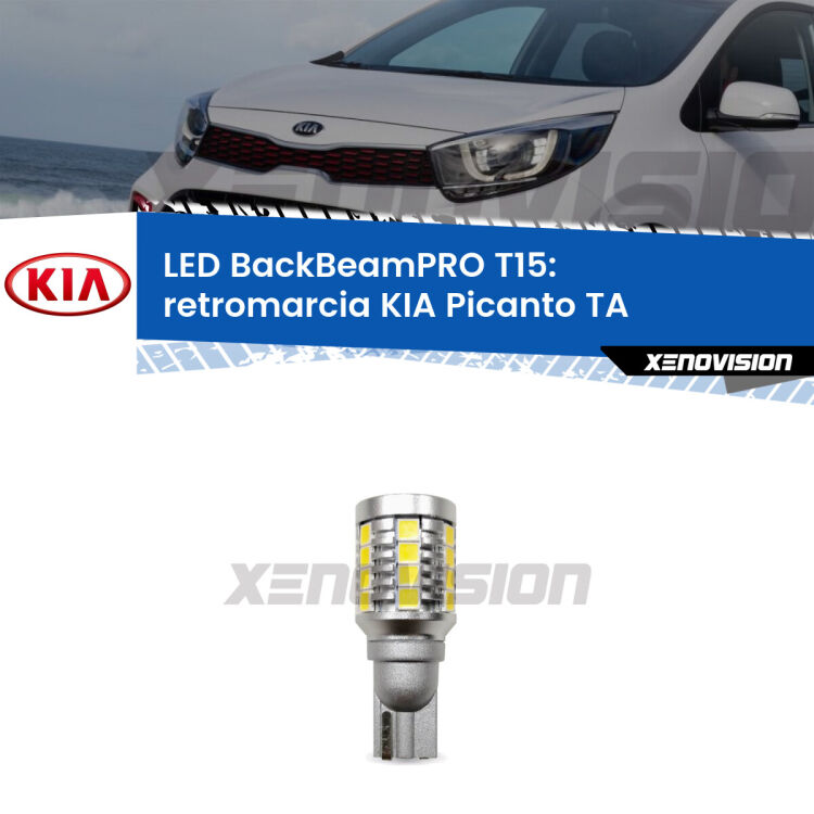 <strong>Luce retromarcia LED per KIA Picanto</strong> TA 2011 - 2016. Lampadina <b>T15</b> esageratamente spinta: 15W di potenza, 20 volte più luce delle originali.