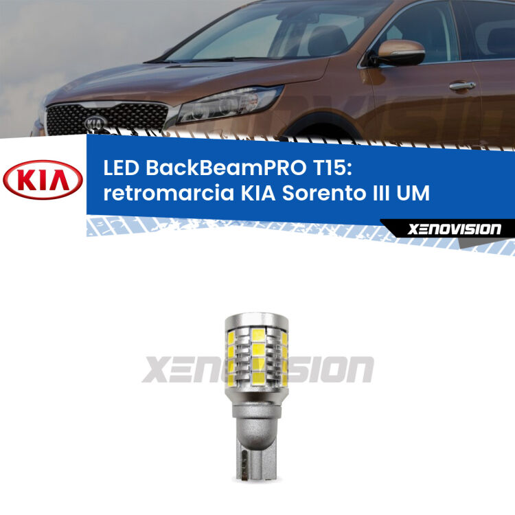 <strong>Luce retromarcia LED per KIA Sorento III</strong> UM 2015 in poi. Lampadina <b>T15</b> esageratamente spinta: 15W di potenza, 20 volte più luce delle originali.