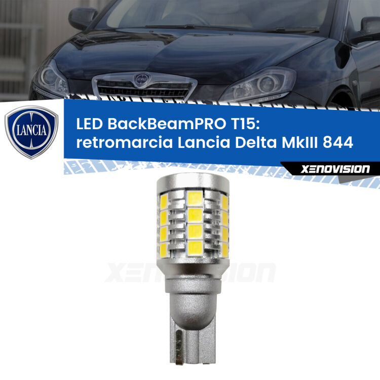0 Retromarcia LED T15 BackBeamPRO per Lancia Delta MkIII 844 2008 - 2014 <strong>Luce retromarcia LED per Lancia Delta MkIII</strong> 844 2008 - 2014. Una lampadina <b>T15</b> esageratamente spinta: 15W di potenza, 20 volte più luce delle originali.