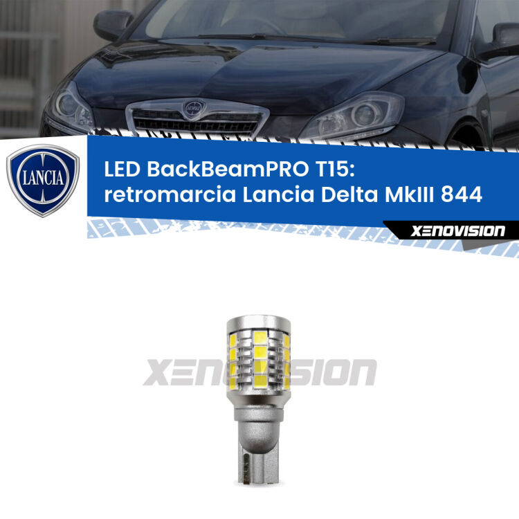 <strong>Luce retromarcia LED per Lancia Delta MkIII</strong> 844 2008 - 2014. Lampadina <b>T15</b> esageratamente spinta: 15W di potenza, 20 volte più luce delle originali.