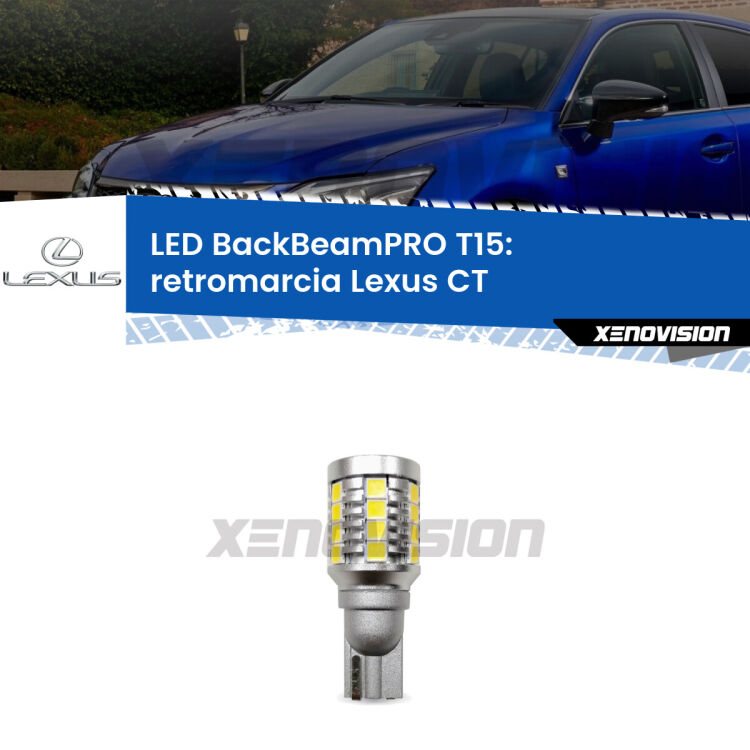 <strong>Luce retromarcia LED per Lexus CT</strong>  2010 in poi. Lampadina <b>T15</b> esageratamente spinta: 15W di potenza, 20 volte più luce delle originali.