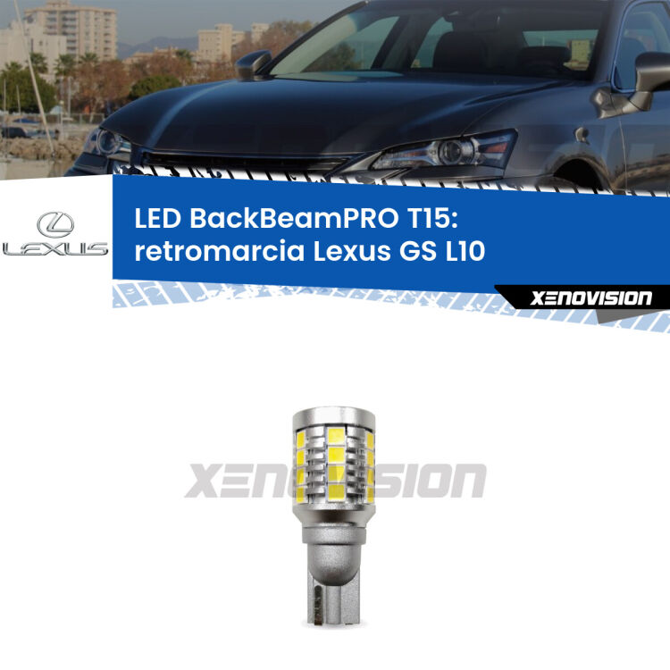 <strong>Luce retromarcia LED per Lexus GS</strong> L10 2011 in poi. Lampadina <b>T15</b> esageratamente spinta: 15W di potenza, 20 volte più luce delle originali.