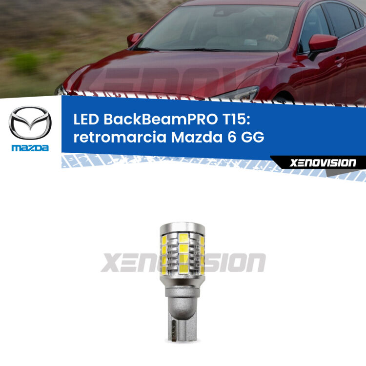 <strong>Luce retromarcia LED per Mazda 6</strong> GG 2002 - 2007. Lampadina <b>T15</b> esageratamente spinta: 15W di potenza, 20 volte più luce delle originali.