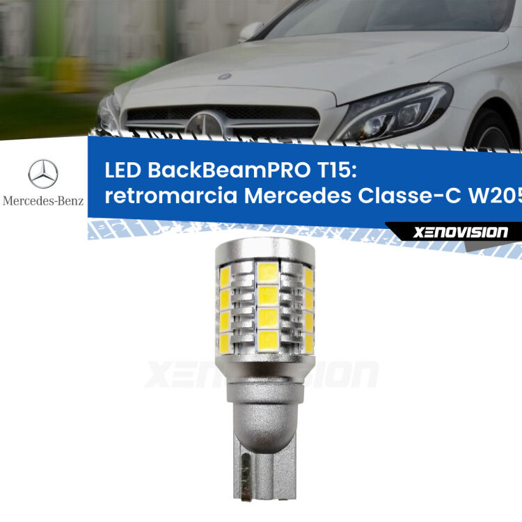 0 Retromarcia LED T15 BackBeamPRO per Mercedes Classe-C W205 2013 - 2018 <strong>Luce retromarcia LED per Mercedes Classe-C</strong> W205 2013 - 2018. Una lampadina <b>T15</b> esageratamente spinta: 15W di potenza, 20 volte più luce delle originali.