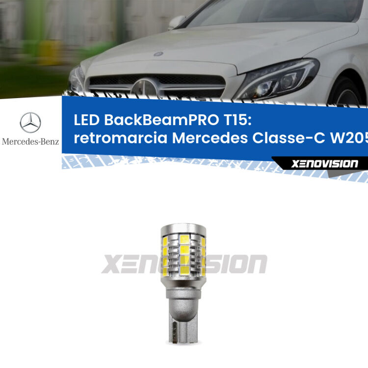 <strong>Luce retromarcia LED per Mercedes Classe-C</strong> W205 2013 - 2018. Lampadina <b>T15</b> esageratamente spinta: 15W di potenza, 20 volte più luce delle originali.