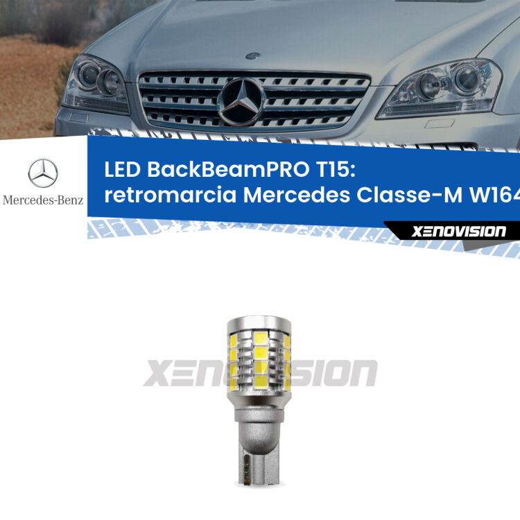 <strong>Luce retromarcia LED per Mercedes Classe-M</strong> W164 restyling. Lampadina <b>T15</b> esageratamente spinta: 15W di potenza, 20 volte più luce delle originali.
