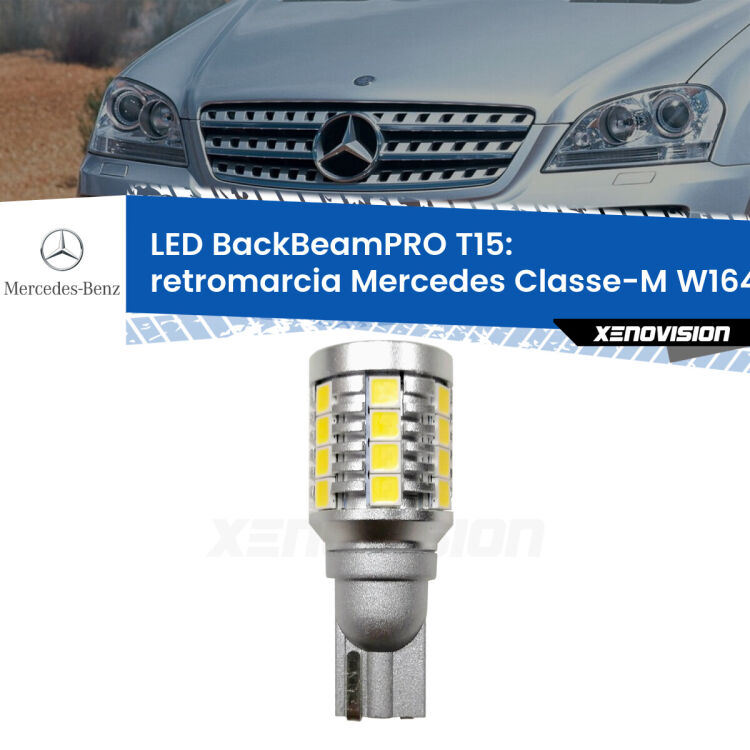 0 Retromarcia LED T15 BackBeamPRO per Mercedes Classe-M W164 restyling <strong>Luce retromarcia LED per Mercedes Classe-M</strong> W164 restyling. Una lampadina <b>T15</b> esageratamente spinta: 15W di potenza, 20 volte più luce delle originali.