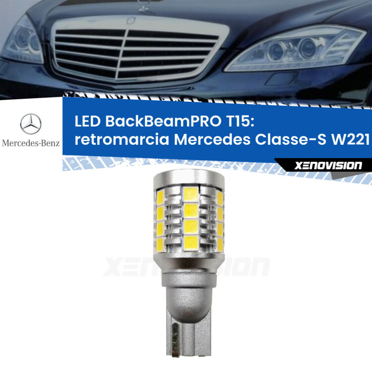 0 Retromarcia LED T15 BackBeamPRO per Mercedes Classe-S W221 2005 - 2013 <strong>Luce retromarcia LED per Mercedes Classe-S</strong> W221 2005 - 2013. Una lampadina <b>T15</b> esageratamente spinta: 15W di potenza, 20 volte più luce delle originali.