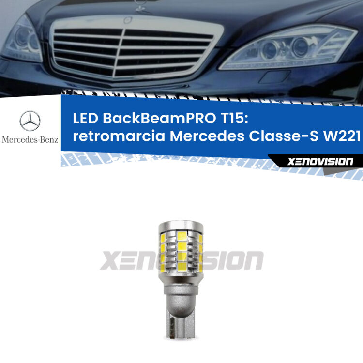 <strong>Luce retromarcia LED per Mercedes Classe-S</strong> W221 2005 - 2013. Lampadina <b>T15</b> esageratamente spinta: 15W di potenza, 20 volte più luce delle originali.