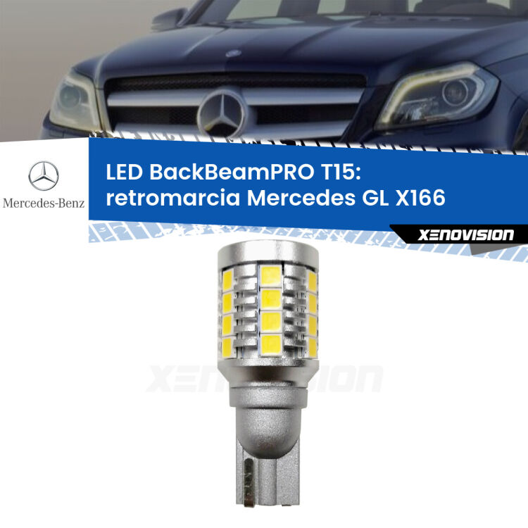 0 Retromarcia LED T15 BackBeamPRO per Mercedes GL X166 2012 - 2015 <strong>Luce retromarcia LED per Mercedes GL</strong> X166 2012 - 2015. Una lampadina <b>T15</b> esageratamente spinta: 15W di potenza, 20 volte più luce delle originali.