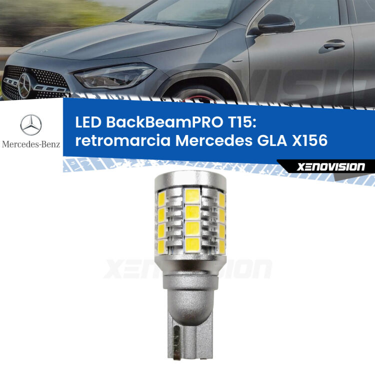 0 Retromarcia LED T15 BackBeamPRO per Mercedes GLA X156 2013 in poi <strong>Luce retromarcia LED per Mercedes GLA</strong> X156 2013 in poi. Una lampadina <b>T15</b> esageratamente spinta: 15W di potenza, 20 volte più luce delle originali.