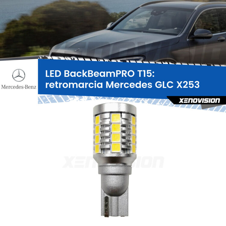 0 Retromarcia LED T15 BackBeamPRO per Mercedes GLC X253 2015 - 2019 <strong>Luce retromarcia LED per Mercedes GLC</strong> X253 2015 - 2019. Una lampadina <b>T15</b> esageratamente spinta: 15W di potenza, 20 volte più luce delle originali.