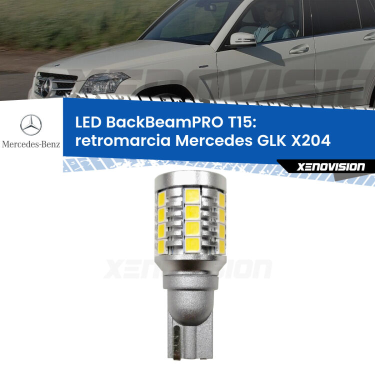 0 Retromarcia LED T15 BackBeamPRO per Mercedes GLK X204 prima serie <strong>Luce retromarcia LED per Mercedes GLK</strong> X204 prima serie. Una lampadina <b>T15</b> esageratamente spinta: 15W di potenza, 20 volte più luce delle originali.