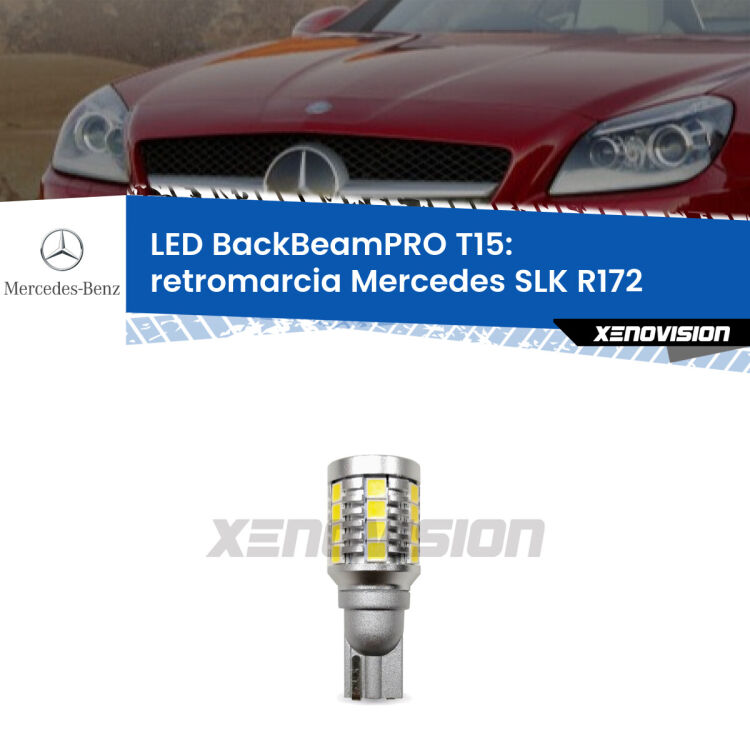 <strong>Luce retromarcia LED per Mercedes SLK</strong> R172 2011 in poi. Lampadina <b>T15</b> esageratamente spinta: 15W di potenza, 20 volte più luce delle originali.