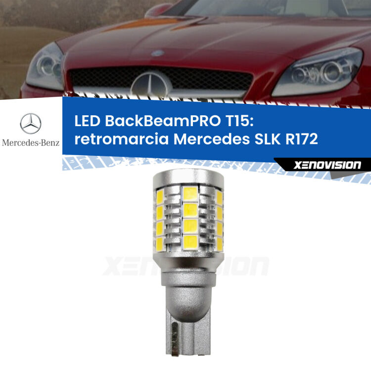 0 Retromarcia LED T15 BackBeamPRO per Mercedes SLK R172 2011 in poi <strong>Luce retromarcia LED per Mercedes SLK</strong> R172 2011 in poi. Una lampadina <b>T15</b> esageratamente spinta: 15W di potenza, 20 volte più luce delle originali.