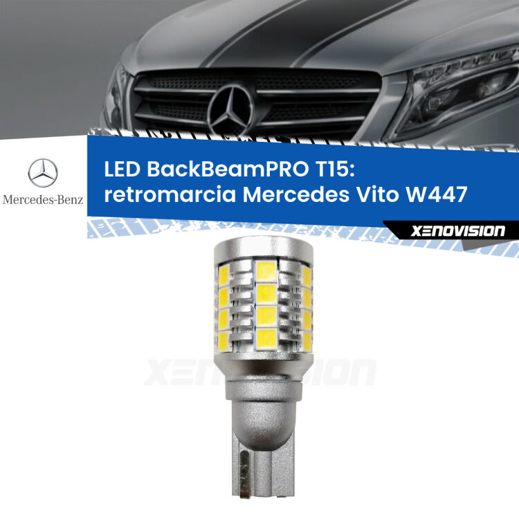 0 Retromarcia LED T15 BackBeamPRO per Mercedes Vito W447 restyling <strong>Luce retromarcia LED per Mercedes Vito</strong> W447 restyling. Una lampadina <b>T15</b> esageratamente spinta: 15W di potenza, 20 volte più luce delle originali.