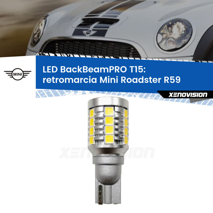 0 Retromarcia LED T15 BackBeamPRO per Mini Roadster R59 2012 - 2010 <strong>Luce retromarcia LED per Mini Roadster</strong> R59 2012 - 2010. Una lampadina <b>T15</b> esageratamente spinta: 15W di potenza, 20 volte più luce delle originali.