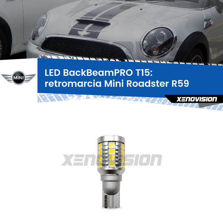 <strong>Luce retromarcia LED per Mini Roadster</strong> R59 2012 - 2010. Lampadina <b>T15</b> esageratamente spinta: 15W di potenza, 20 volte più luce delle originali.