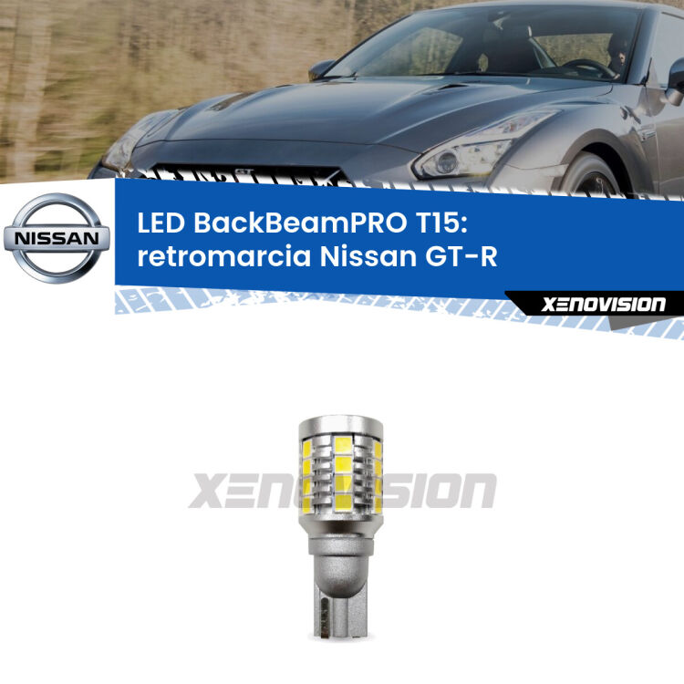 <strong>Luce retromarcia LED per Nissan GT-R</strong>  2007 in poi. Lampadina <b>T15</b> esageratamente spinta: 15W di potenza, 20 volte più luce delle originali.