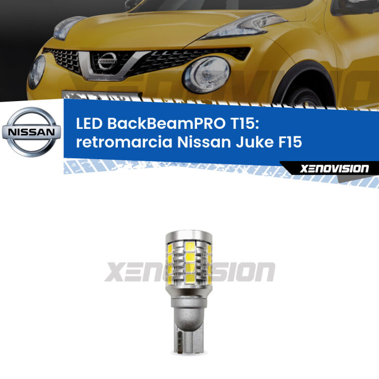 <strong>Luce retromarcia LED per Nissan Juke</strong> F15 2010 - 2018. Lampadina <b>T15</b> esageratamente spinta: 15W di potenza, 20 volte più luce delle originali.