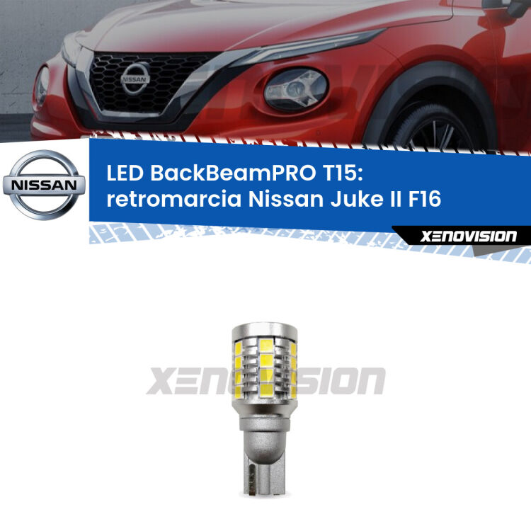 <strong>Luce retromarcia LED per Nissan Juke II</strong> F16 2019 in poi. Lampadina <b>T15</b> esageratamente spinta: 15W di potenza, 20 volte più luce delle originali.