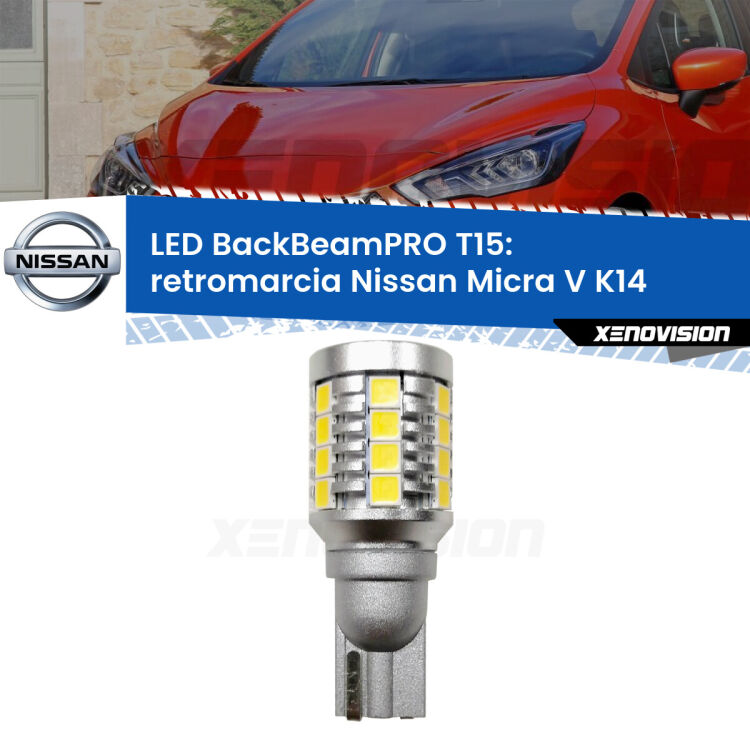 0 Retromarcia LED T15 BackBeamPRO per Nissan Micra V K14 2016 in poi <strong>Luce retromarcia LED per Nissan Micra V</strong> K14 2016 in poi. Una lampadina <b>T15</b> esageratamente spinta: 15W di potenza, 20 volte più luce delle originali.