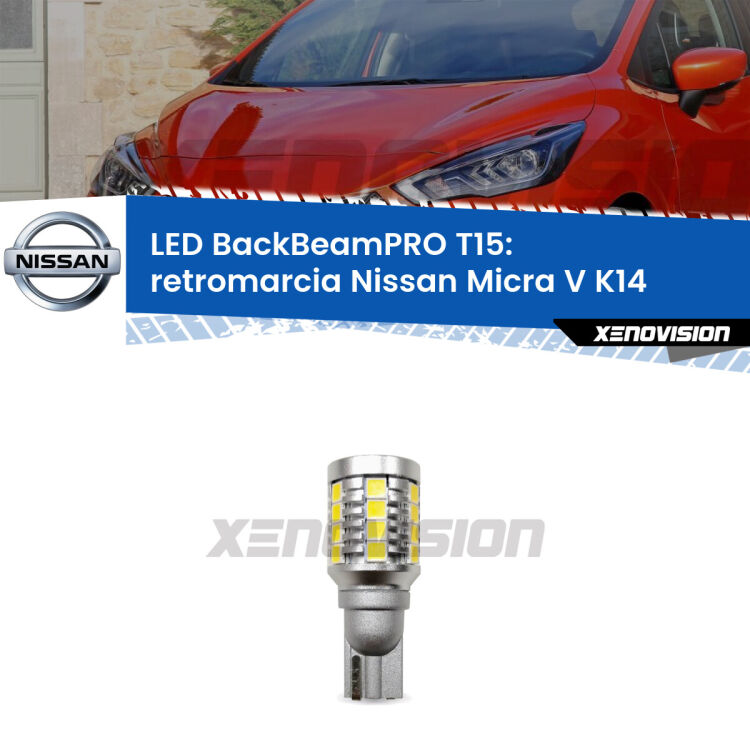 <strong>Luce retromarcia LED per Nissan Micra V</strong> K14 2016 in poi. Lampadina <b>T15</b> esageratamente spinta: 15W di potenza, 20 volte più luce delle originali.