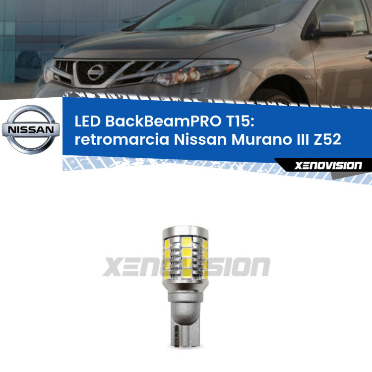 <strong>Luce retromarcia LED per Nissan Murano III</strong> Z52 2014 in poi. Lampadina <b>T15</b> esageratamente spinta: 15W di potenza, 20 volte più luce delle originali.