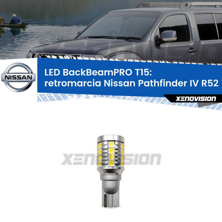 <strong>Luce retromarcia LED per Nissan Pathfinder IV</strong> R52 2012 in poi. Lampadina <b>T15</b> esageratamente spinta: 15W di potenza, 20 volte più luce delle originali.