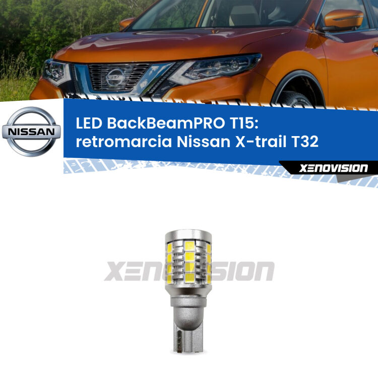 <strong>Luce retromarcia LED per Nissan X-trail</strong> T32 2013 in poi. Lampadina <b>T15</b> esageratamente spinta: 15W di potenza, 20 volte più luce delle originali.