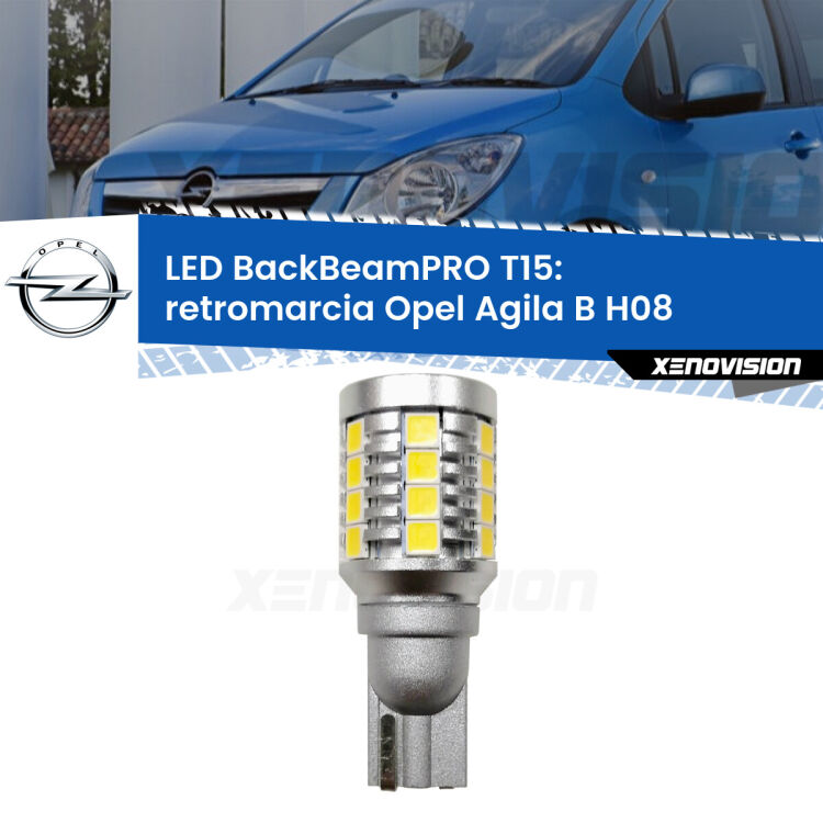 0 Retromarcia LED T15 BackBeamPRO per Opel Agila B H08 2008 - 2014 <strong>Luce retromarcia LED per Opel Agila B</strong> H08 2008 - 2014. Una lampadina <b>T15</b> esageratamente spinta: 15W di potenza, 20 volte più luce delle originali.