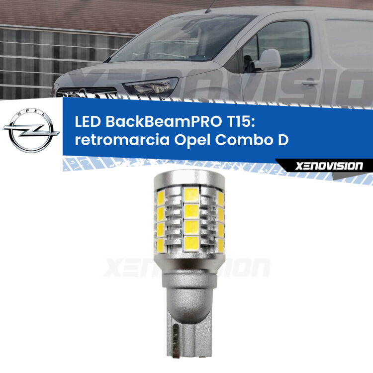 0 Retromarcia LED T15 BackBeamPRO per Opel Combo D  2012 - 2018 <strong>Luce retromarcia LED per Opel Combo D</strong>  2012 - 2018. Una lampadina <b>T15</b> esageratamente spinta: 15W di potenza, 20 volte più luce delle originali.