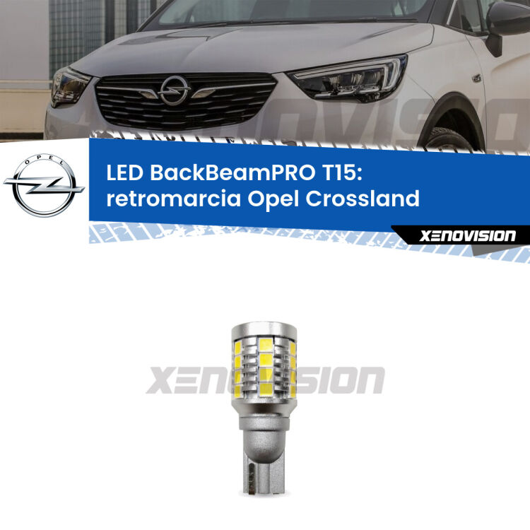 <strong>Luce retromarcia LED per Opel Crossland</strong>  restyling. Lampadina <b>T15</b> esageratamente spinta: 15W di potenza, 20 volte più luce delle originali.